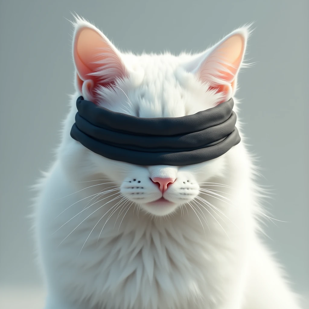 kucing berwarna putih, have white hair, wearing a black cloth headband that covers the eyes