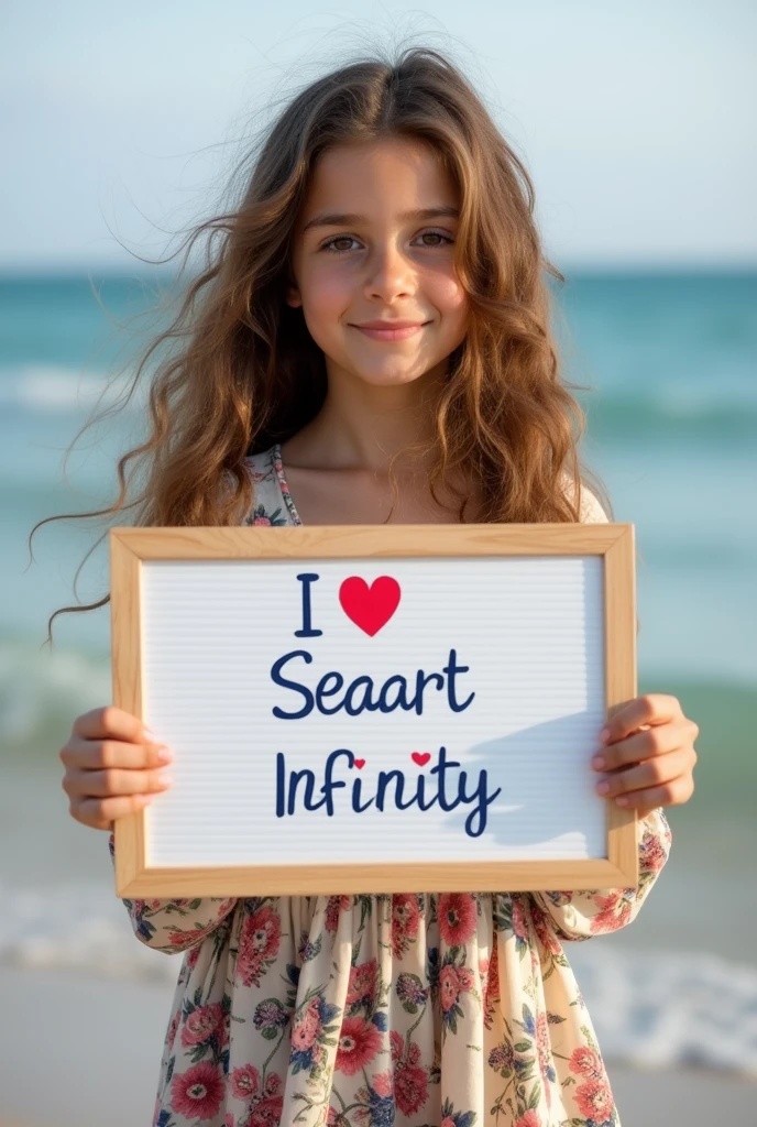 Beautiful girl with wavy long hair, bohemian dress, holding a white board with text "I Love Seaart Infinity" and showing it to the viewer