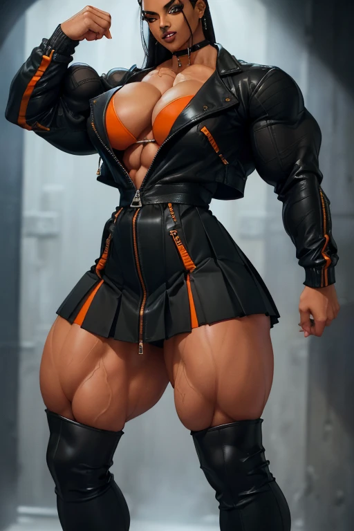 ((Close-up)), tall, (black hair) beautiful muscular woman, long straight hair, light brown skinned, closed smile, (black lipstick), (massive muscles), (hyper muscle), (ginormous bulky muscles), glowing orange eyes, (((long black zipped jacket))) ((long black pleated skirt)), choker, boots, night in Scotland, 