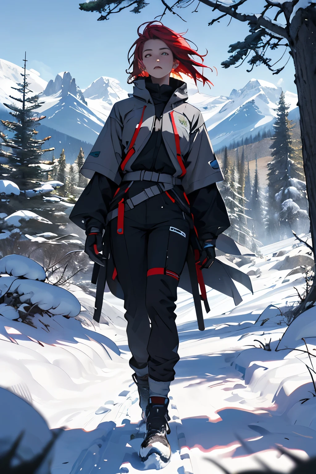 realistic artwork, 1 young boy, slight, red hair, with a turned-up nose and freckles on her face, standing alone, extremely detailed eyes, levitating with winds at their feet over a lush valley, with snow-capped mountains in the background and huge trees all around. realistic art with dark tones
