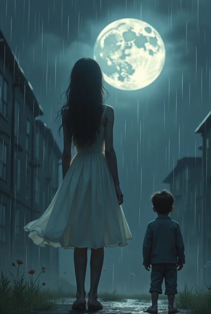 A woman in a white dress in the rain looking at the moon and a boy in a grey suit behind the girl