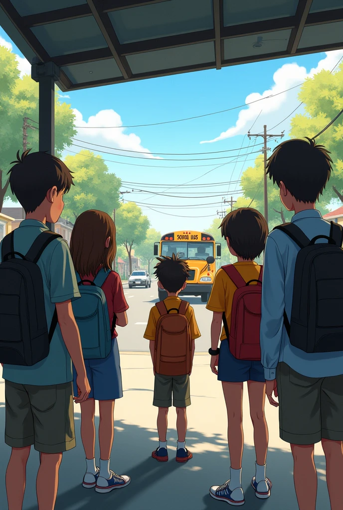 From a boy&#39;s perspective a bus stop with students watching the bus coming 
