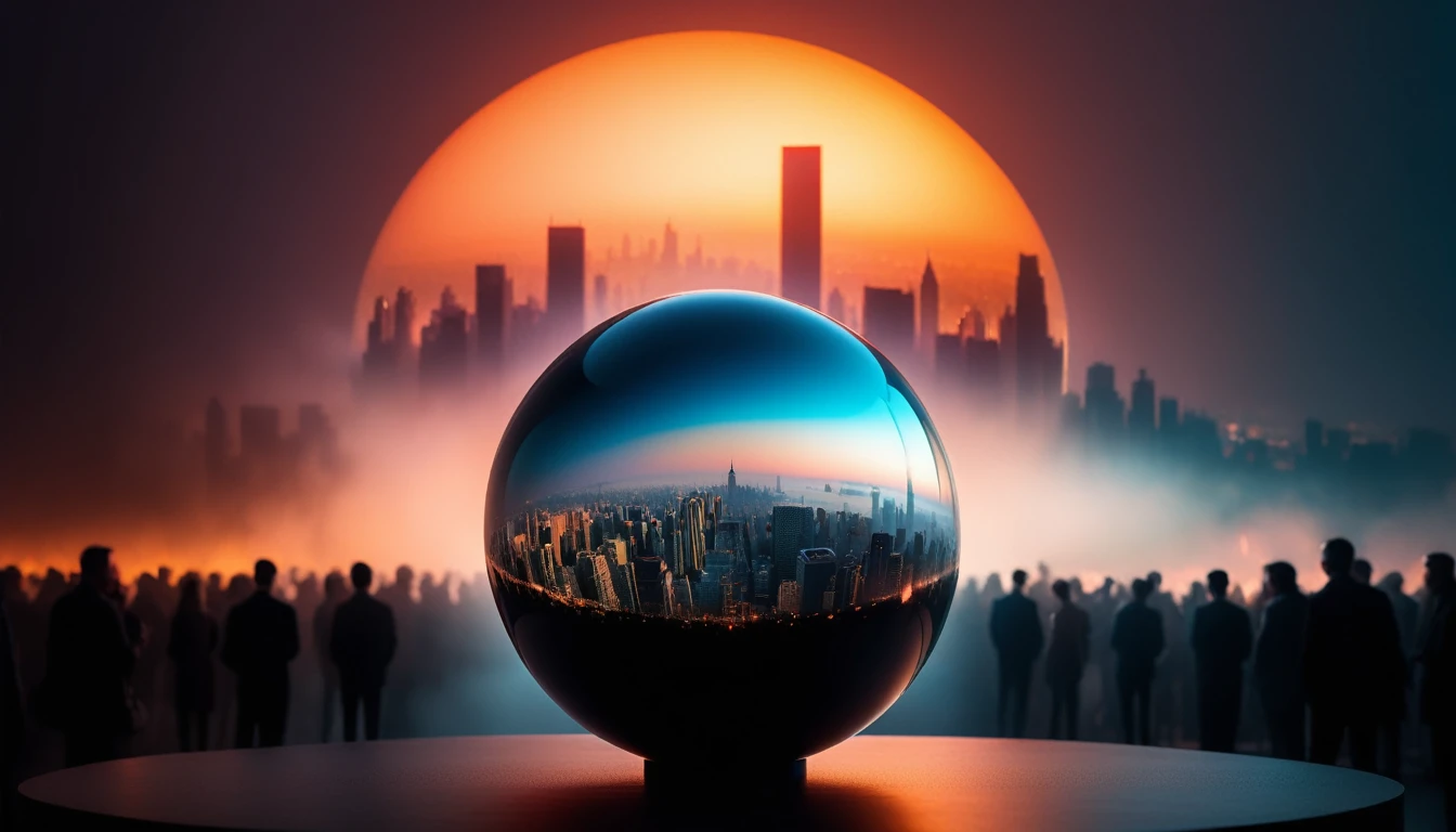 eye sphere with city behind, cinematic, haze, crowd, vivid colors, perfect composition, soft natural volumetric cinematic lighting, amazing shadows, masterpiece