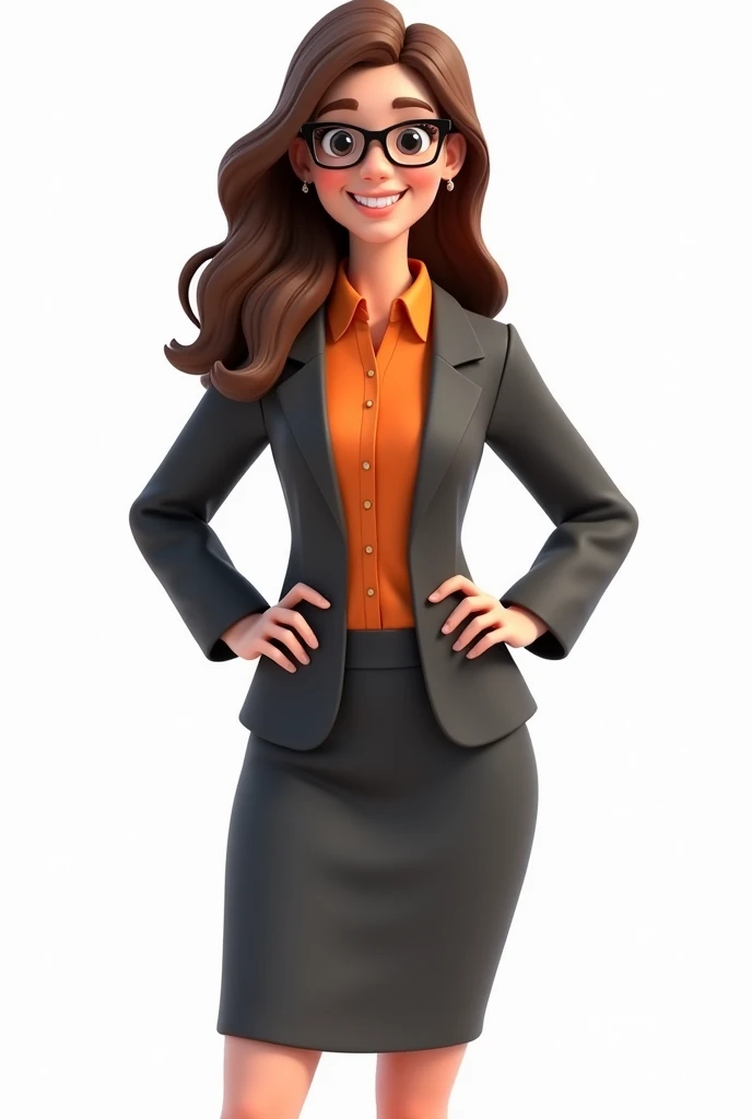 A stylized 3D illustration of a short latian young woman with a professional and friendly appearance. She has straight, flowing brown hair and wears black-framed glasses. She wears an office outfit consisting of a dark gray jacket and skirt, an orange shirt. The woman stands with a confident posture, with her hands on her waist. Behind her, she has a white background and is shown in full body.