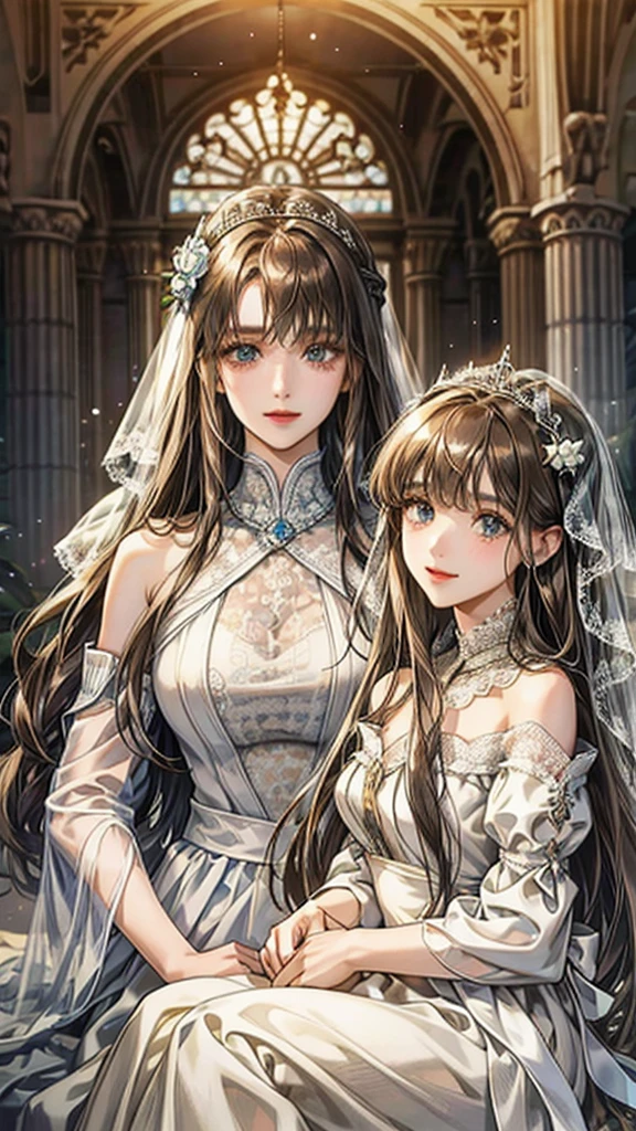 white、Ocean、Droopy eyes、Brown eyelids on face、smile、17 year old female、Woman in a dress、Long Hair Girl、((Long Hair Girl))、Girl with bangs、Detailed face、Beautiful face、((Best image quality))、bride、white手袋、Lace dress、Veil、Long sleevesSmile, Brown Hair, Hair Flower,