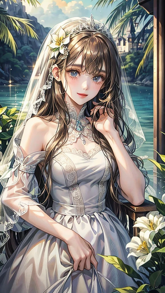 white、Ocean、Droopy eyes、Brown eyelids on face、smile、17 year old female、Woman in a dress、Long Hair Girl、((Long Hair Girl))、Girl with bangs、Detailed face、Beautiful face、((Best image quality))、bride、white手袋、Lace dress、Veil、Long sleevesSmile, Brown Hair, Hair Flower,