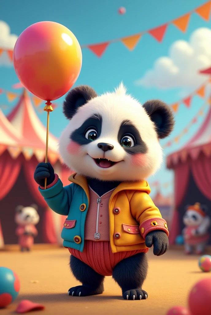 Circus Bright and fun atmosphere Cute panda wearing clothes Holding a balloon