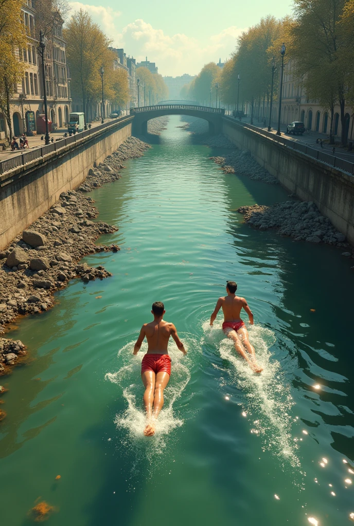 Create animation image of the Seine river in two swimming with the river completely polluted and a podium