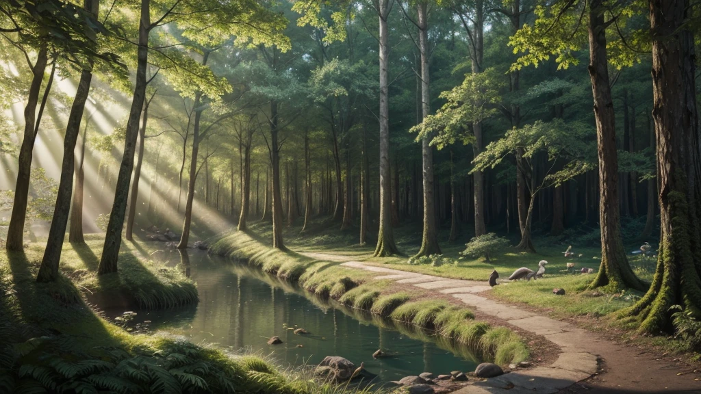 [Core Concept] Lush, verdant forests teeming with vibrant avian life.

[Character Description] Graceful, colorful birds soaring and flitting through the canopy, their plumage shimmering in the dappled sunlight.

[Environment/Background] Dense, ancient woodlands with towering trees, a verdant understory, and a serene, tranquil atmosphere.

[Style and Atmosphere] A naturalistic, almost dreamlike depiction, capturing the harmony and beauty of the forest ecosystem.

[Composition] The frame filled with a diverse array of bird species, their movements and interactions creating a dynamic, organic composition.

[Details and Embellishments] Intricate feather details, delicate branch patterns, and a rich, earthy color palette that evokes the lush, living forest.

[Technical Specifications] A highly detailed, photorealistic digital painting or illustration, with a focus on capturing the nuances of light, shadow, and texture.