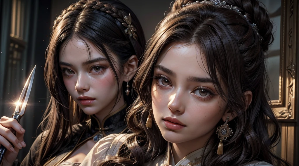 Masterpiece of Best Picture Quality, Daytime Scene: A Mature Woman with Dark Brown Hair, Dressed in Ancient Chinese Imperial Sister Attire, Sits Close-up in a Dimly Lit Room Filled with Purple Lightning. Her Twisted Braids, adorned with Hairpins, Frame her Delicate Face with Medium Length Curly Hair. The Double Ball Head Accessories on her Hair Add to the Antique Charm of the Scene. Her Pale Pink Lips are Visible in a Close-up of her Face, as she Holds her Princess Scissors, Prepared to Cut her Long, Dark Hair. The Entire Scene is a Masterpiece of Ultra-