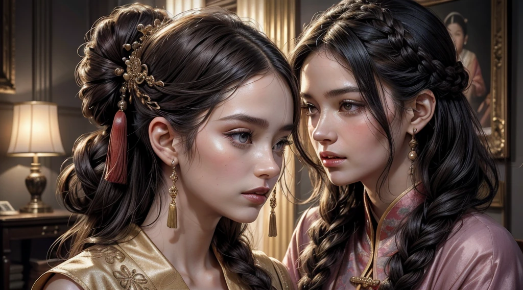 Masterpiece of Best Picture Quality, Daytime Scene: A Mature Woman with Dark Brown Hair, Dressed in Ancient Chinese Imperial Sister Attire, Sits Close-up in a Dimly Lit Room Filled with Purple Lightning. Her Twisted Braids, adorned with Hairpins, Frame her Delicate Face with Medium Length Curly Hair. The Double Ball Head Accessories on her Hair Add to the Antique Charm of the Scene. Her Pale Pink Lips are Visible in a Close-up of her Face, as she Holds her Princess Scissors, Prepared to Cut her Long, Dark Hair. The Entire Scene is a Masterpiece of Ultra-
