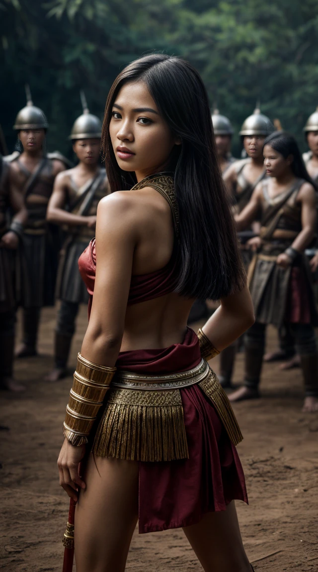 Create a photo of an ancient Thai female warrior around 30 years old, with beautiful and intense facial features, She is engaged in fierce combat on an ancient Thai battlefield, surrounded by many warriors fighting and many injured or fallen. The scene is strong and intense, capturing the power and ferocity of the warrior, ((full body)), 1 girl, alone, 1 woman, ((full body)), ((Stand with your back turned and your neck tilted forward.))
, ((เห็นแผ่นหลังและบั้นท้ายที่beautiful)), very detailed, hyper realistic, 4K, very detailed image, realistic, Highly detailed, perfect composition, beautiful, There are complicated details., Incredible detail, Artistic photography in 8k, very detailedเกินไป, Masterpiece