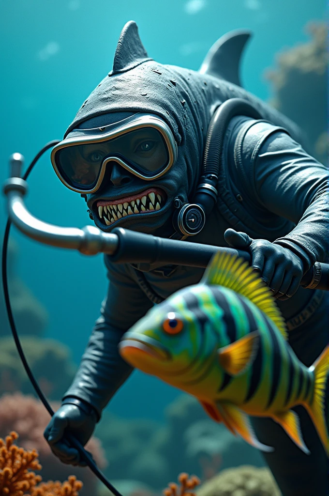 A shark dressed in a wetsuit and diving mask holding a harpoon and a peacock bass