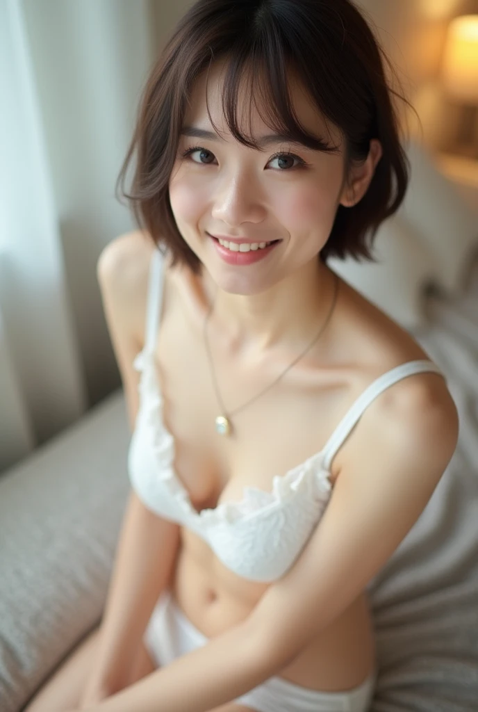 Cute Japanese 40-year-old woman、short hair、White lace underwear、