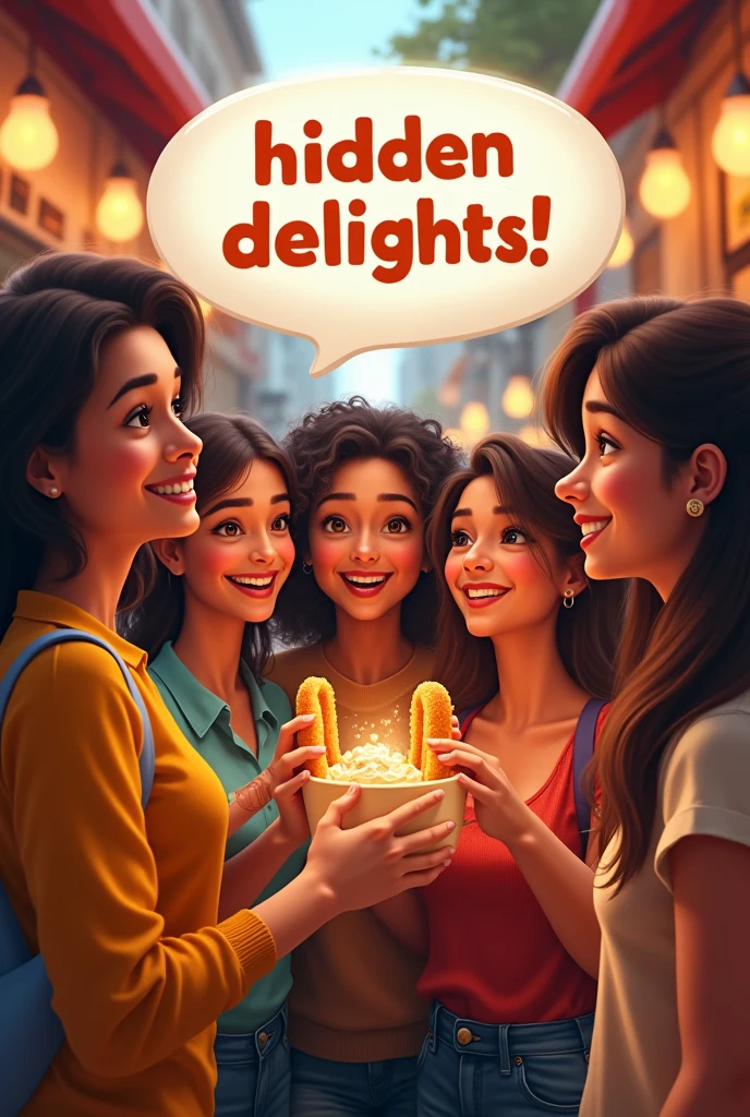 You can make a group of friends wanting to buy prepared churritos and you can put a text bubble saying " hidden delights" The best 