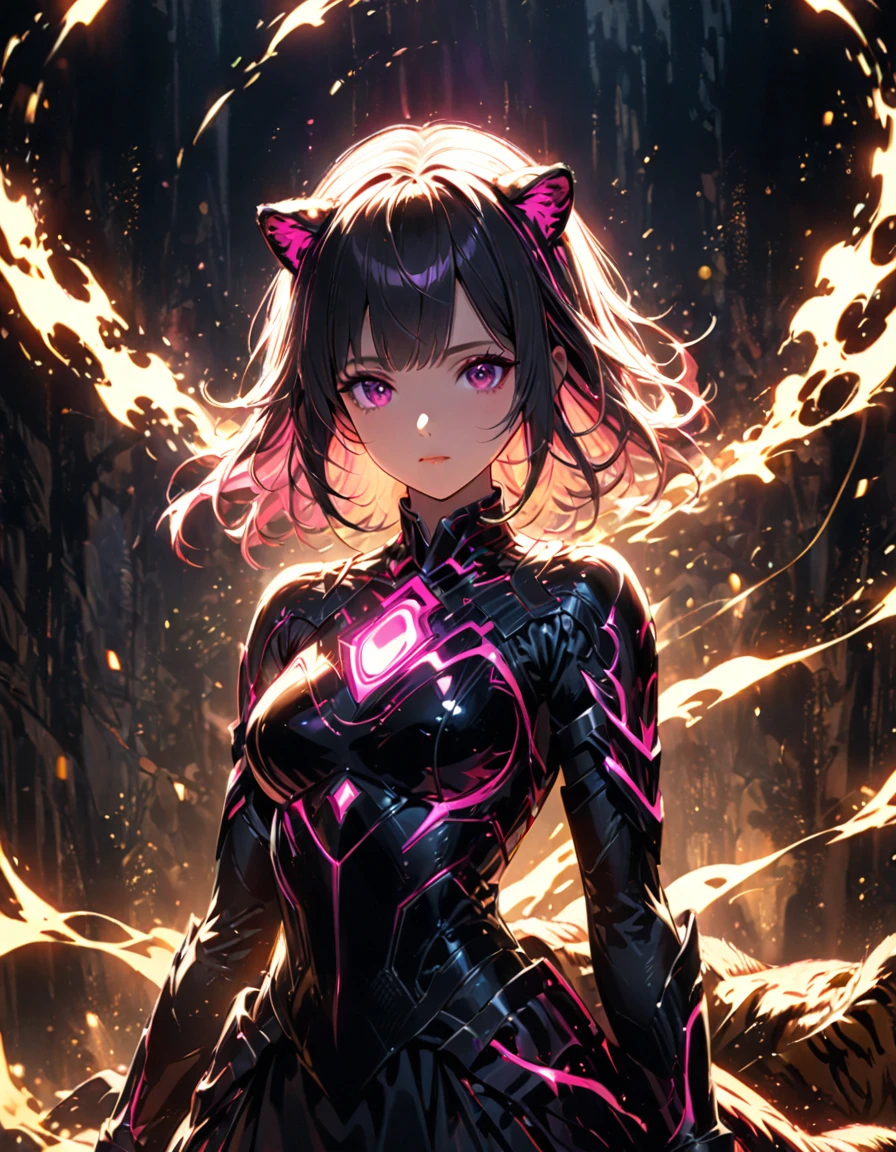 Detailed textures, high quality, high resolution, high accuracy, realism, color correction, correct lighting settings, harmonious composition. The girl stands in the dark, surrounded by particles of light and flickering neon sparks, which form an unearthly glowing silhouette of a tiger above her head. The atmosphere is mysterious, and the soft lighting creates a magical atmosphere. Digital illustration. --ar 3:4 --niji 6