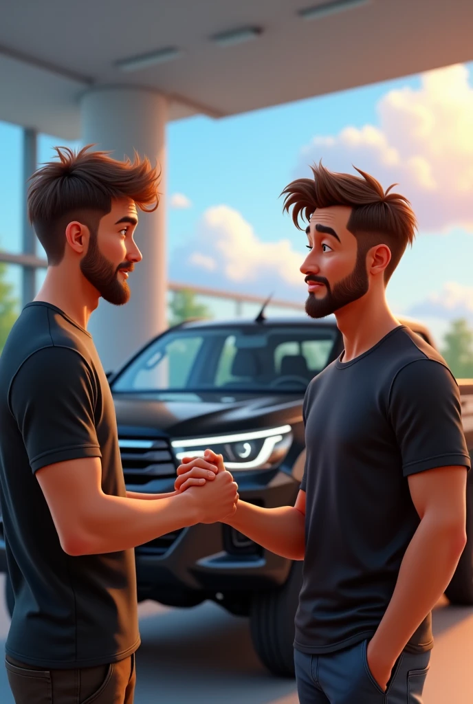 Two young men, one white and the other light brown, shaking hands like gentlemen with Boss t-shirts and behind them a black 2024 Hilux, pixar version 