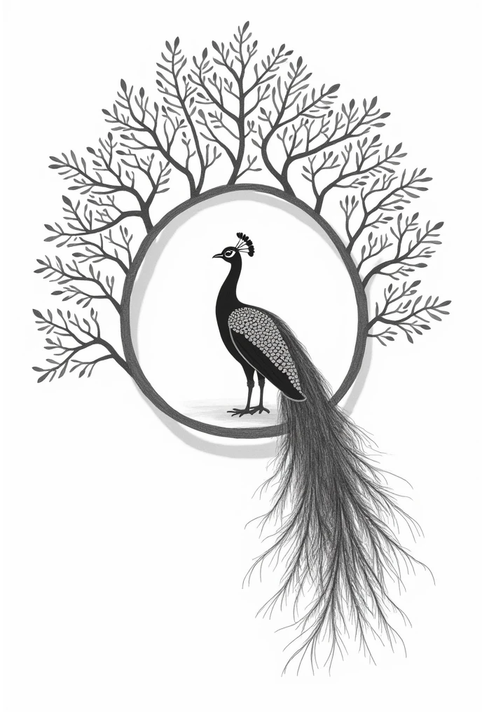 Create fine thick outline of bird peacock white background around outline tree around 2-3