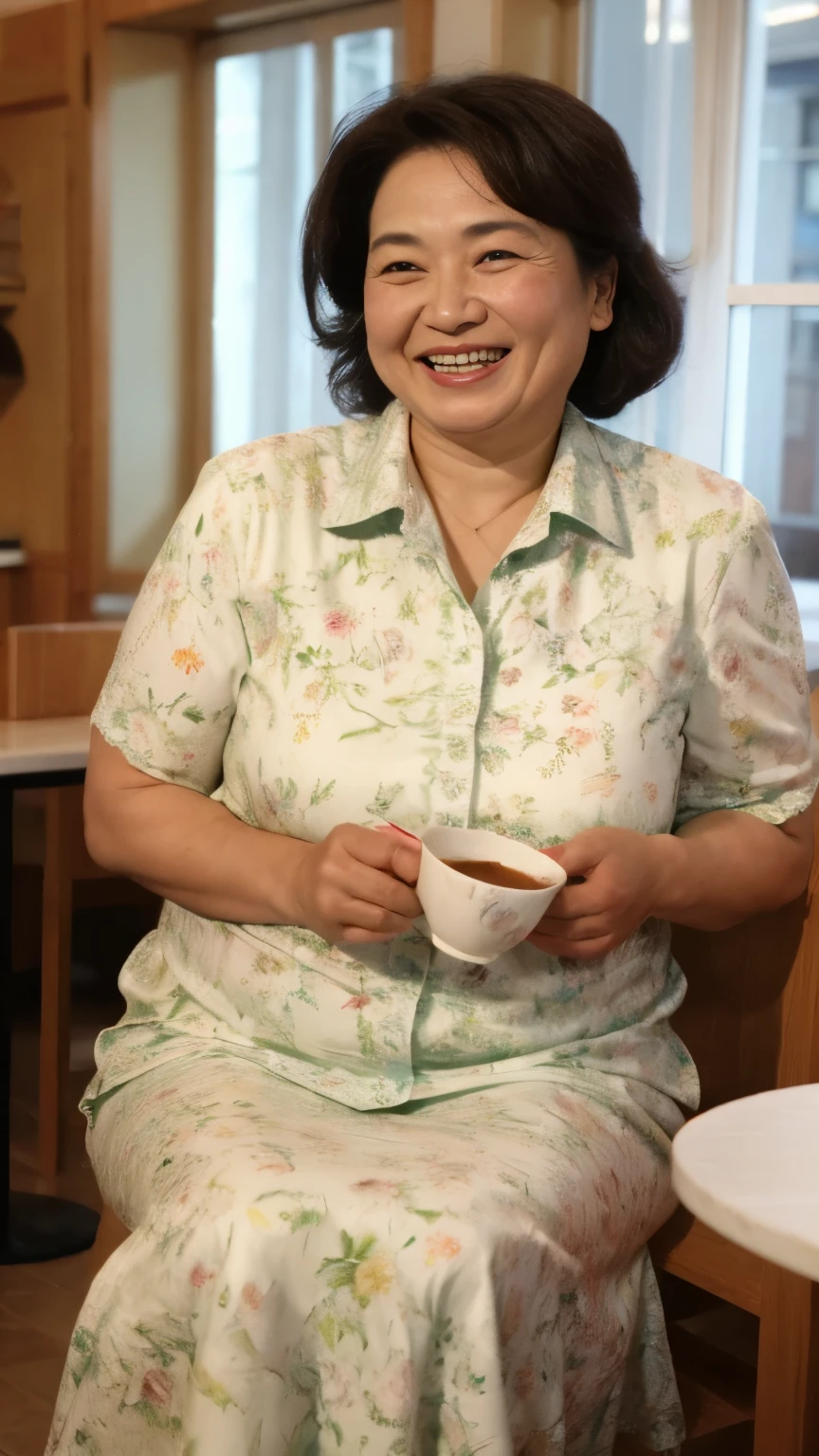 8k wallpaper, masterpiece, Highest quality, Very detailed, One Mature Woman, 50 years old, Become very clear, Wearing a spring-like shirt, Skin dents, Captivating smile, Looking at the audience, , Plump, Curvaceous, Attractive face, Smiling with teeth showing, I was happy, sitting in a cafe, Background Blur