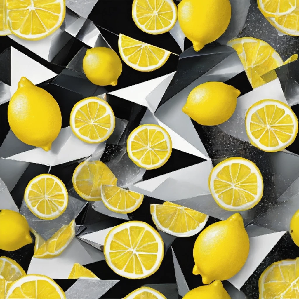"Visualize an interpretation of a Zitrone. Break down the shape of the lemon into geometric shapes and fragmented planes, To capture its movement and energy in a unique and abstract way. Incorporate bold colors and sharp angles, to convey a feeling of movement and tension. Play with perspective and layering, to create a multidimensional composition, which questions traditional notions of space and form. Be inspired by the avant-garde spirit of surreal realism and see nature in a fresh and innovative light.. Unleash your creativity, as you bring this imaginative scene to life on the screen