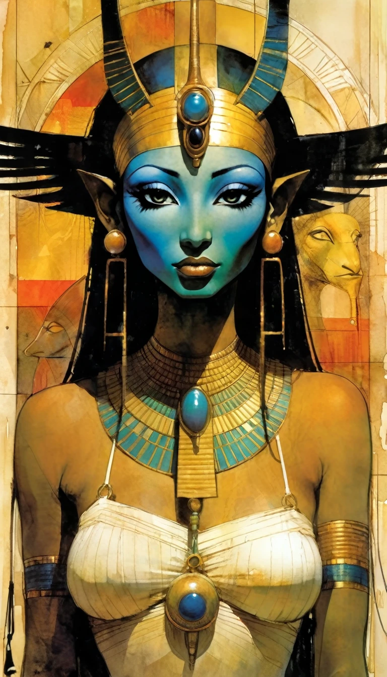 egyptian mythology,, art inspired by Bill Sienkiewicz and Dave McKean.