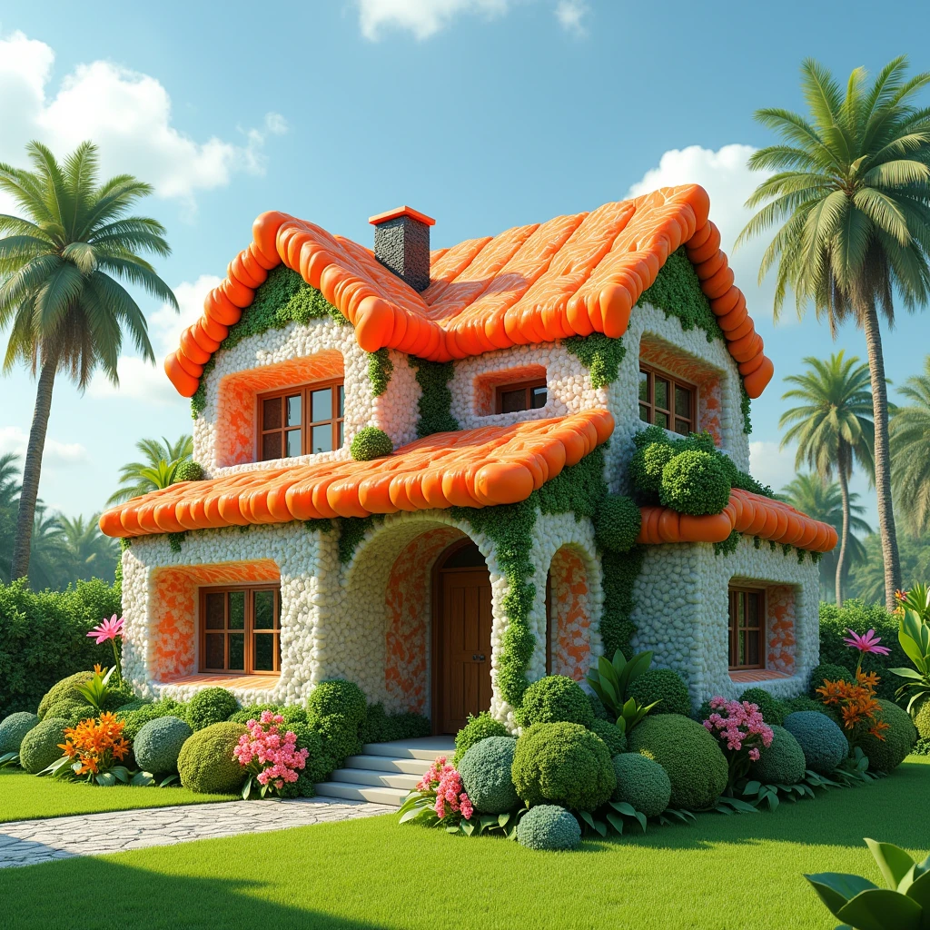 A two-story house crafted entirely from sushi elements is set against a sunny, tropical backdrop with palm trees and a partly cloudy sky. The house's walls are made from sushi rolls, featuring layers of rice, seaweed, and colorful fish like salmon and tuna. The roof is adorned with slices of salmon, avocado, and seaweed, with broccoli and other garnishes adding greenery to the structure. The house includes realistic architectural features like windows, a staircase, and a stone path leading up to the entrance, all within a whimsical, food-themed design. The building sits on a well-manicured, green lawn, creating a blend of fantasy and reality in a vibrant outdoor setting