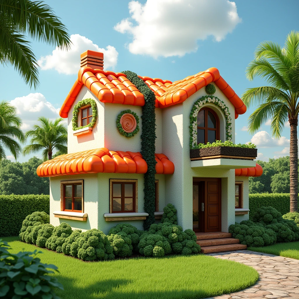 A two-story house crafted entirely from sushi elements is set against a sunny, tropical backdrop with palm trees and a partly cloudy sky. The house's walls are made from sushi rolls, featuring layers of rice, seaweed, and colorful fish like salmon and tuna. The roof is adorned with slices of salmon, avocado, and seaweed, with broccoli and other garnishes adding greenery to the structure. The house includes realistic architectural features like windows, a staircase, and a stone path leading up to the entrance, all within a whimsical, food-themed design. The building sits on a well-manicured, green lawn, creating a blend of fantasy and reality in a vibrant outdoor setting