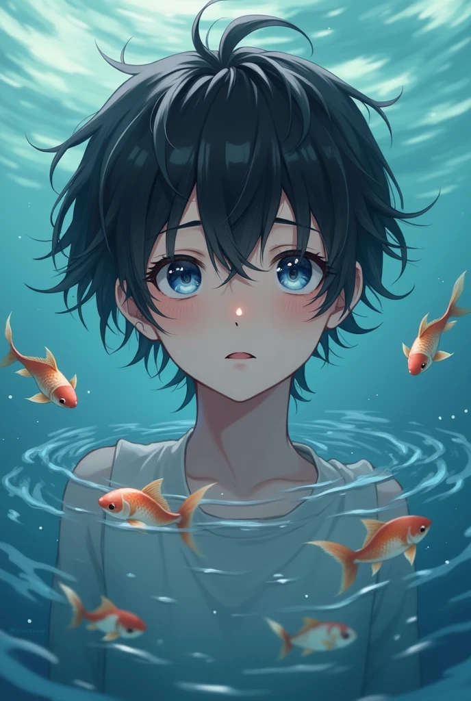An ethereal anime semi realistic boy with black/brown hair a little pale skin, expresive eyes blue/grey or brown in the water with little japanese fishes (this is an wallpaper for a pc)