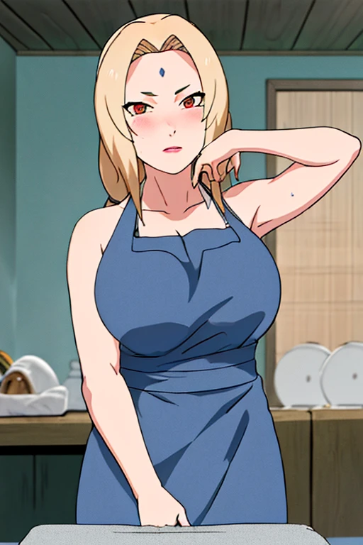 masterpiece, absurdres , (intricate details), (colorful),cinematic lighting,bust shot,extremely detailed CG unity 8k wallpaper,1girl, Tsunade,forehead mark,washing machine,, naked apron, kitchen, arms behind back, blush, looking at viewer,cooking 