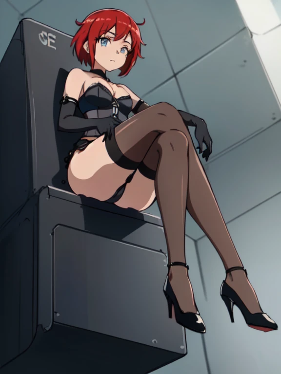 ((Highest quality)), ((masterpiece)), (detailed), prison, One girl, ((bare shoulders)), ((black bustier)), ((black stockings)), ((black g-string)), ((black high heels)), ((black garter belt)), ((black elbow gloves)), ((chair)), ((female sitting in a chair)), (((((from below))))), looking at viewer, ass pov, ((((looking down)))), ((look at it like you're looking at trash)),