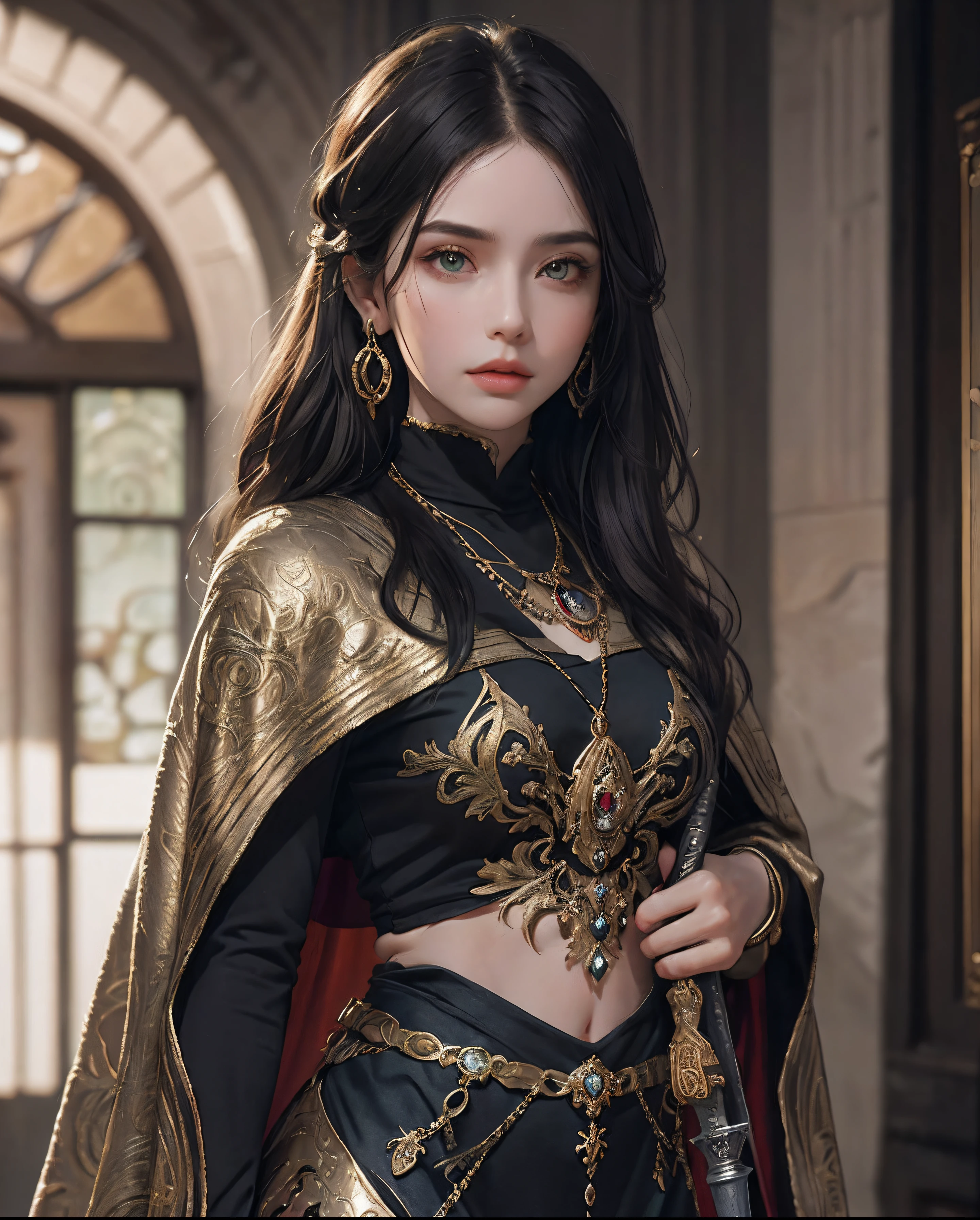 realistic artwork、girl1、Hair color black、Parted hairstyle with green tips、emerald eyes、Thin skin、Dark Queen attire、Scar on left cheek、Dark cloak with green embroidery、Spiritual symbol of the cloak、Left hand sword with dark aura、castle in background、Clock around her、Evil look、Many objects、high-heels、Gold Anklet、Earring、