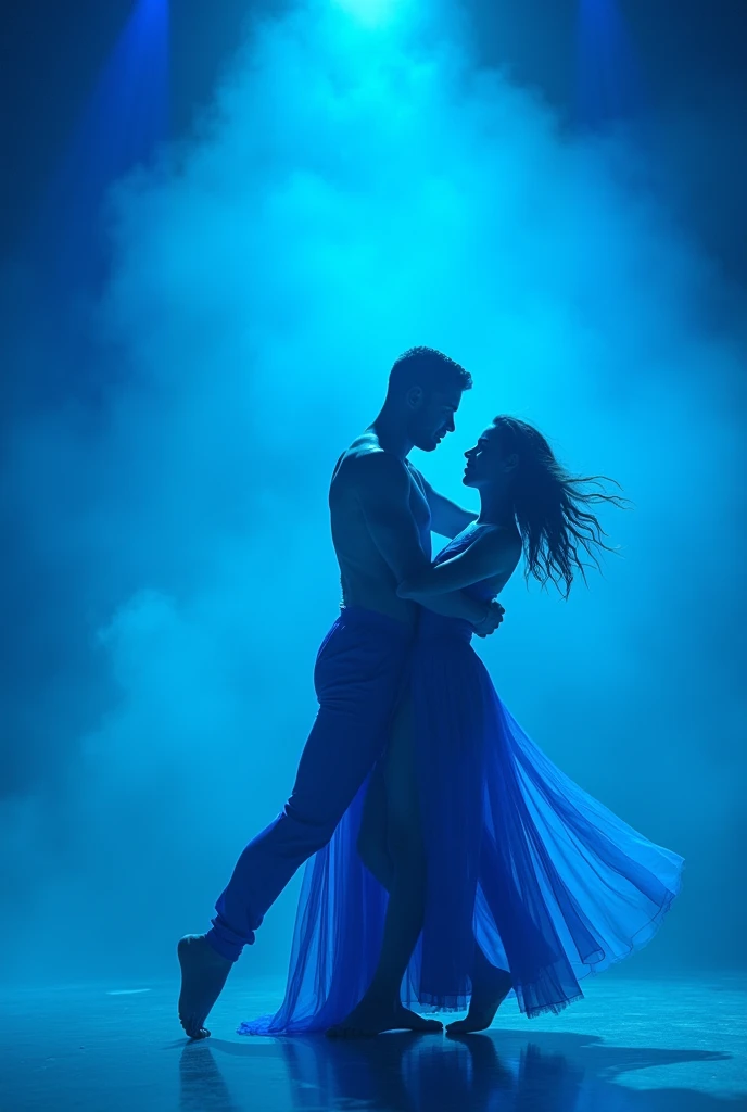 (High contrast blue costume couple of dancers cinematic lighting and atmosphere smoke reflection, blue backlight contrasts with the bright background)