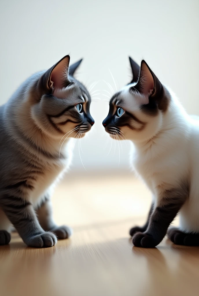 A gray and white cat and another Siamese cat facing each other
