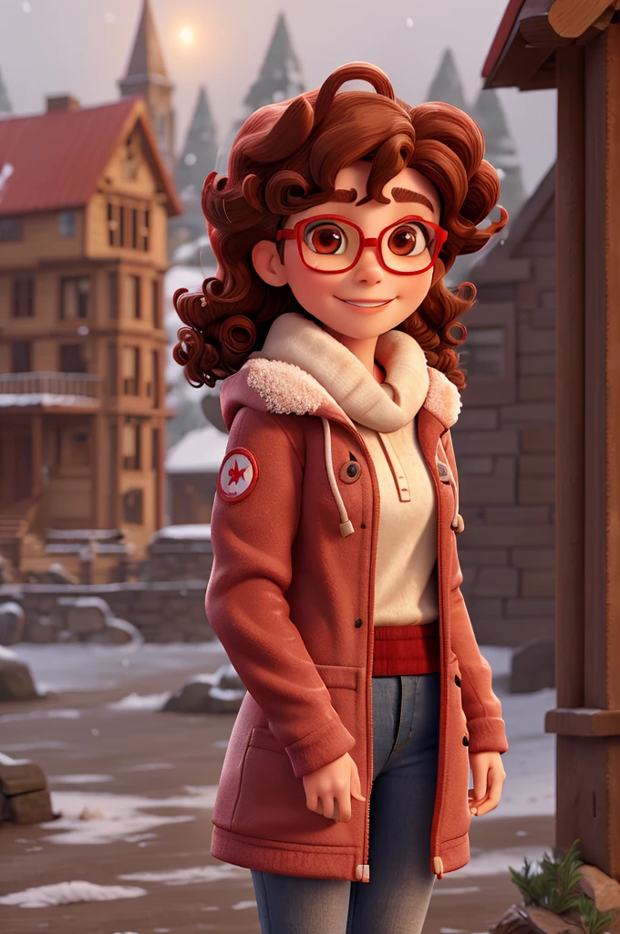 Caucasian female, ssmile, red lipgloss stick, 40 year old, Red glasses, brown curly hair and plush hooded cold weather jacket. In the cold with snowflakes falling in the background.
