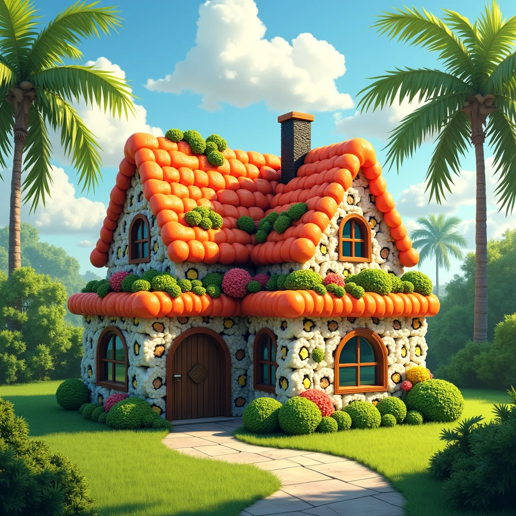 A two-story house crafted entirely from sushi elements is set against a sunny, tropical backdrop with palm trees and a partly cloudy sky. The house's walls are made from sushi rolls, featuring layers of rice, seaweed, and colorful fish like salmon and tuna. The roof is adorned with slices of salmon, avocado, and seaweed, with broccoli and other garnishes adding greenery to the structure. The house includes realistic architectural features like windows, a staircase, and a stone path leading up to the entrance, all within a whimsical, food-themed design. The building sits on a well-manicured, green lawn, creating a blend of fantasy and reality in a vibrant outdoor setting
