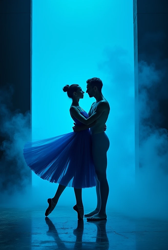 (High contrast blue costume classical ballet couple wall, Cinematic lighting and atmosphere smoke reflection, blue backlight contrasts with the bright background)
