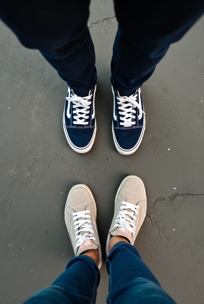 Generate a photo of some people wearing Vans sneakers and another with Converse sneakers on Angulo Street from above so that only their feet can be seen