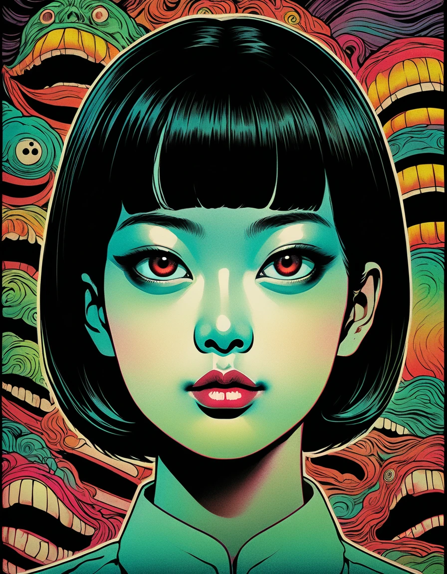 black hair male, An illustration、art、70s thai horror movie posters, Supervised by Junji Ito、High detail, Realistic Shadows、Analog Style, chromatic aberration, Surrealism、Complementary Gradient, nightmare