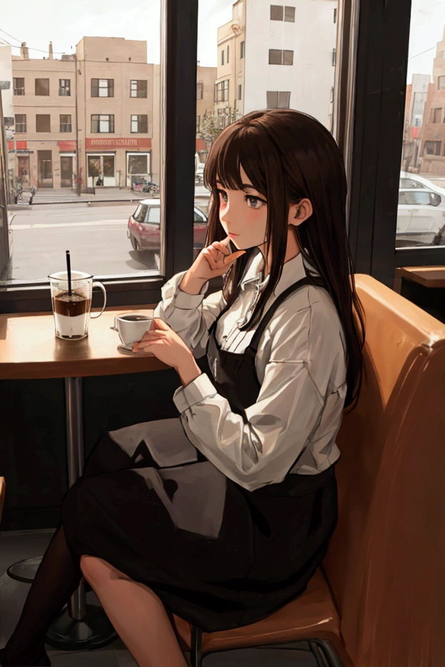 coffee shop exterior, girl inside, through a big window seating down