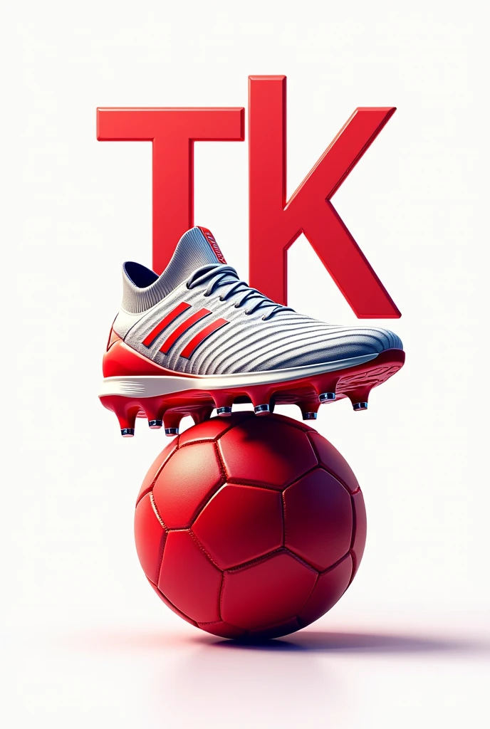 a beautiful picture of a shoe for playing football with Tk written in the middle of it in a beautiful red white color standing on a red ball while its background is white.