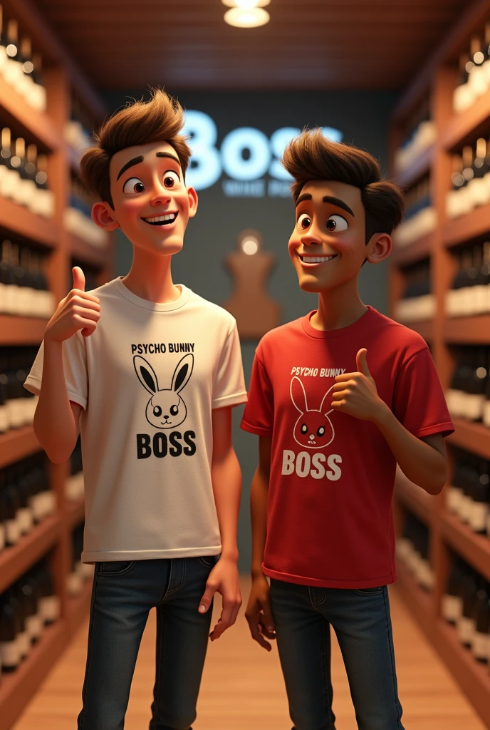 Two young men, one white and the other light brown, holding Boss shirts with Psycho Bunny t-shirts and behind them a wine cellar that says Boss, pixar version