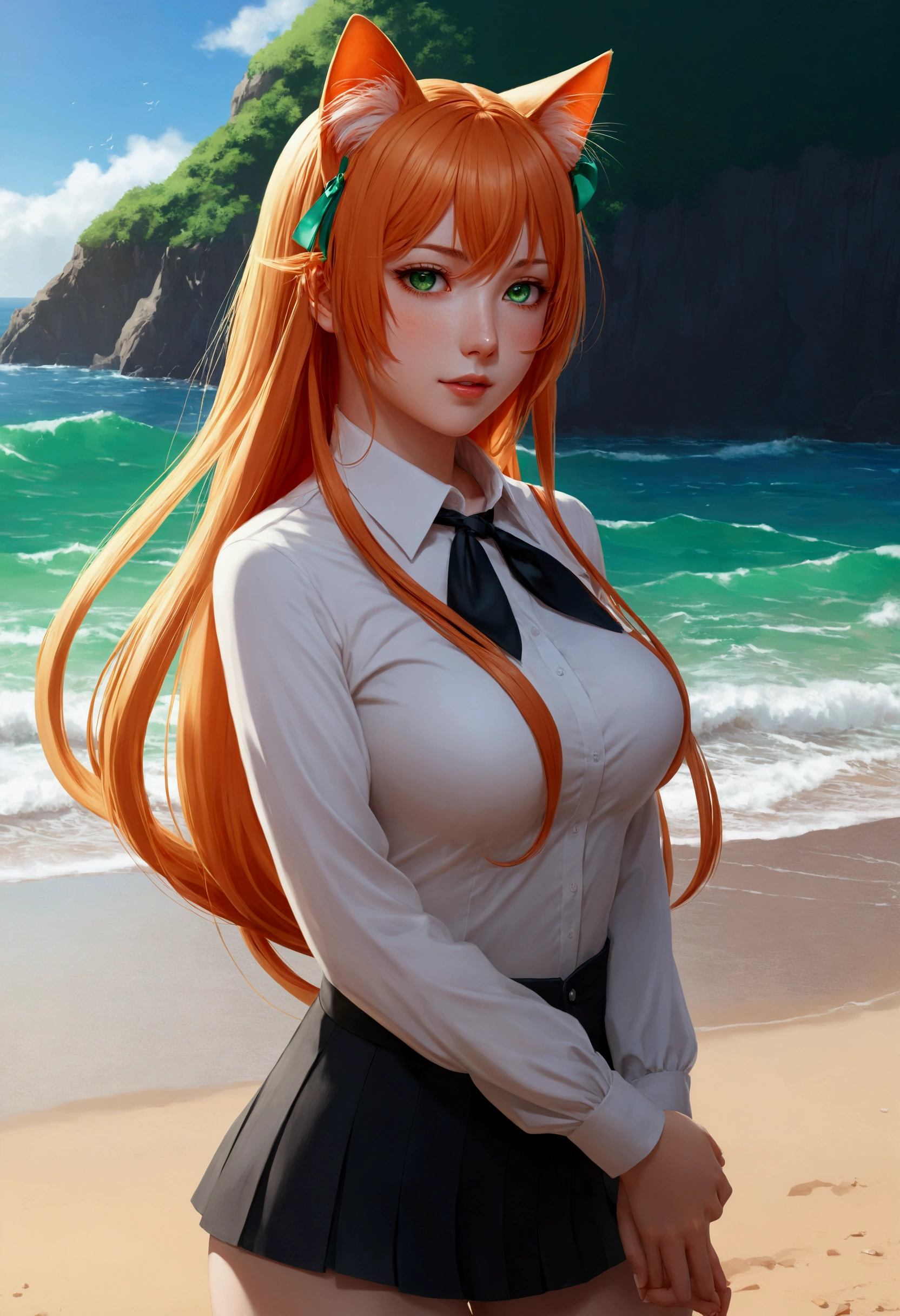 anime girl with long orange hair standing on beach near ocean, green eyes detailed digital anime art, cat ears, , anime girl with long hair, smooth anime cg art, anime girl with long hair, average breast size, digital anime art, artwork in the style of guweiz, beautiful anime portrait, photorealistic anime girl render, beautiful anime girl, advanced digital anime art, pantyhose, guweiz on artstation pixiv upscale HD UHD HQ
