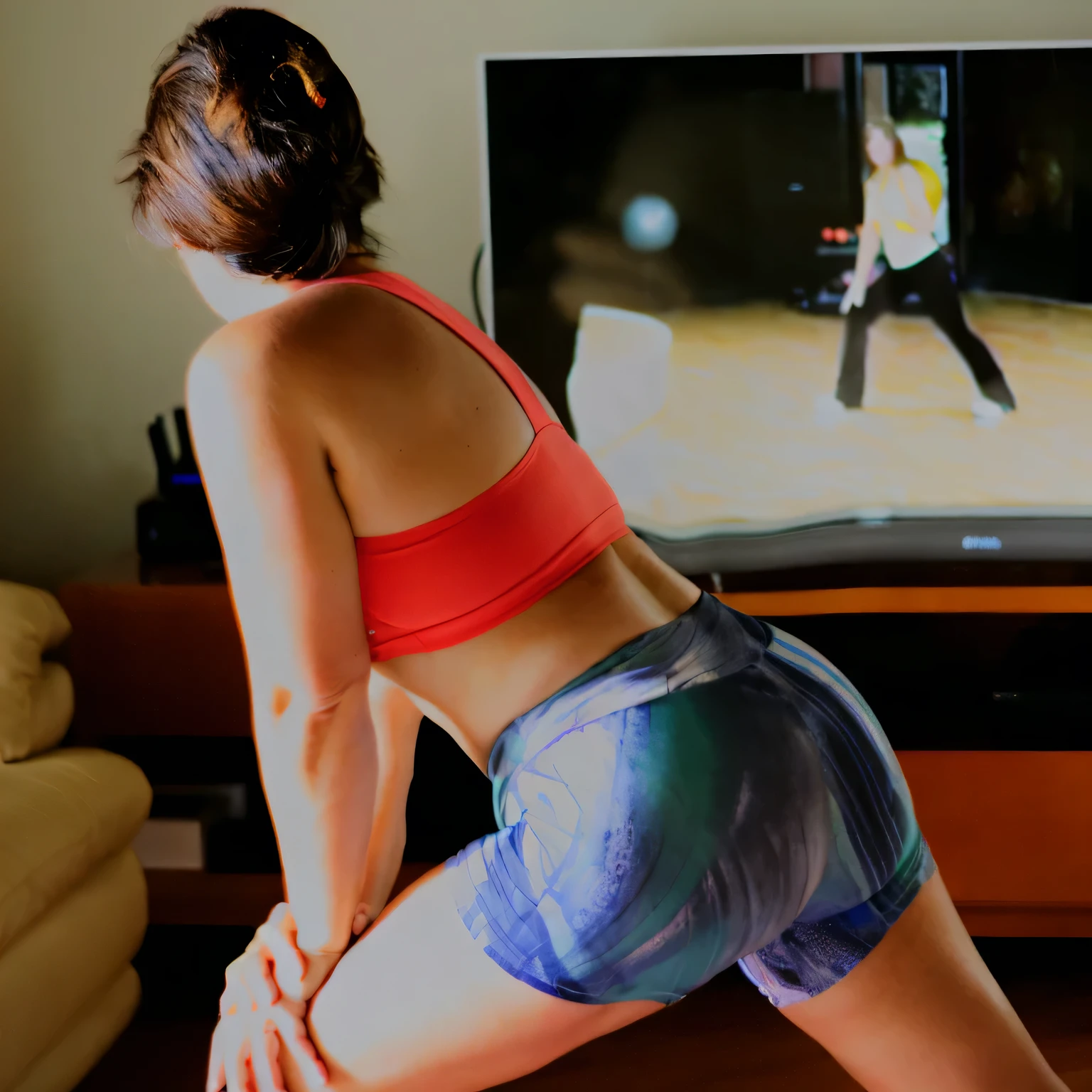 there is a woman standing in front of a television playing a video game, working out, fitness, workout, in shape, wearing fitness gear, fit, side view of her taking steps, fit body, toned derriere, back - shot, back shot, indoor, rear-shot, backshot, fit pic, sweating, by Amelia Peláez, running pose
