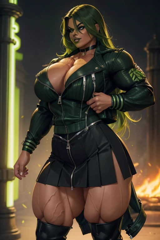 ((Close-up)), tall, (green hair) beautiful muscular woman, long curvy hair, light brown skinned, closed smile, (black lipstick), (massive muscles), (hyper muscle), (ginormous bulky muscles), glowing orange eyes, (((long black zipped jacket))) ((long black pleated skirt)), choker, boots, night in Scotland, 