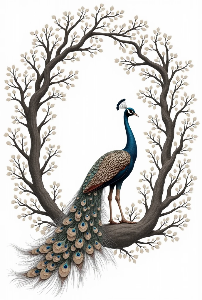 Create fine thick outline of bird peacock inside of bird is white white background around outline tree around give three images
