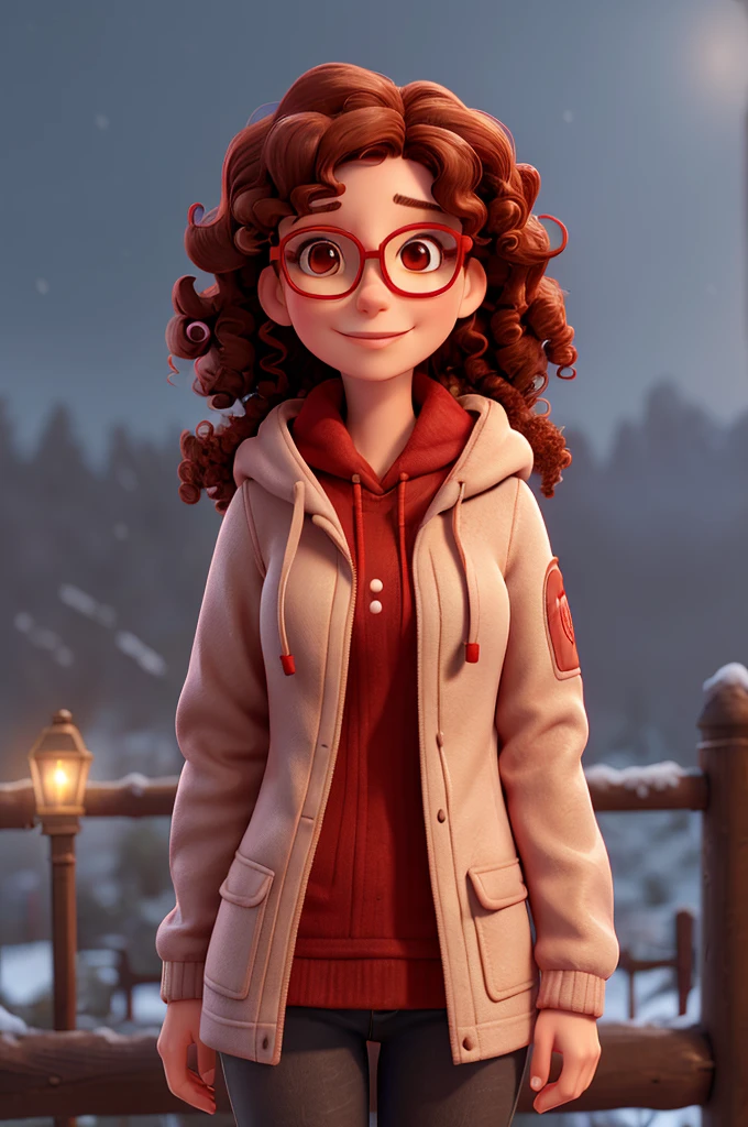 Caucasian female, ssmile, red lipgloss stick, 40 year old, Red glasses, brown curly hair and plush hooded cold weather jacket. In the cold with snowflakes falling in the background.