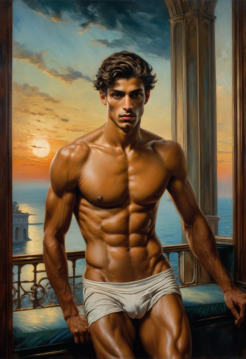 Generate image with a theme of beauty and masculine strength in an conection with power love for richness that includes elements such as elegant fuiniture, fancy deco in pastel colors that inspire power, luxury, rich, ((he is all fours showing his shaved ass wide spread open legs on a ultradecorate art deco sofa, starting to the viewer)) view from behind en es estitlo de eugene delacroix oil painting of a young man slender_athletic_realisim_body, italian_boy e is leaning forward leaning against the terrace railing watching the sun set and the sea Elements: art deco fuiniture and room, large window to see the night city by Aaron Horkey and Jeremy Mann, masterpiece, best quality, Photorealistic, ultra-high resolution, photographic light, illustration by MSchiffer, fairytale, Hyper detailed A mixture of photography and painting, ((simetryc Composition)), Perfect Divine Proportione, 8k resolution ((full body)) , oil painting intense dark hard colors palette The subject is a Latin man, cinnamon skin, toned muscular slender body, beautiful fine symmetrical face, black eyes, Roman nose, square jaw, diamond face shaped, tall, skin realism, hyperrealism oil painting, he is naked shirtless, pantless, barefoot, big vulge, erected penis, focus pec abs legs sholders, perfect anatomy, perfect proportions
