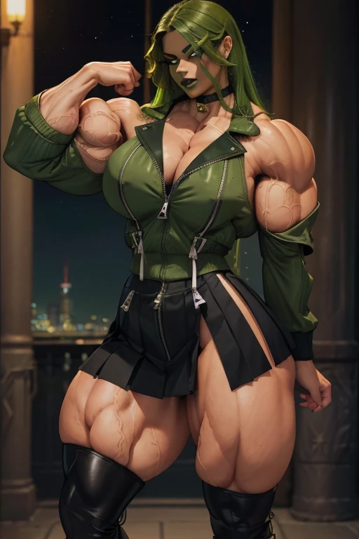 ((Close-up)), tall, (green hair) beautiful muscular woman, long curvy hair, light brown skinned, closed smile, (black lipstick), (massive muscles), (hyper muscle), (ginormous bulky muscles), glowing orange eyes, (((long black zipped jacket))) ((long black pleated skirt)), choker, boots, night in Scotland, 