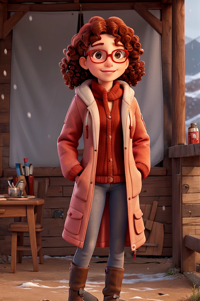 Caucasian female, ssmile, red lipgloss stick, 40 year old, Red glasses, brown curly hair and plush hooded cold weather jacket. In the cold, outdoors and with snowflakes falling.