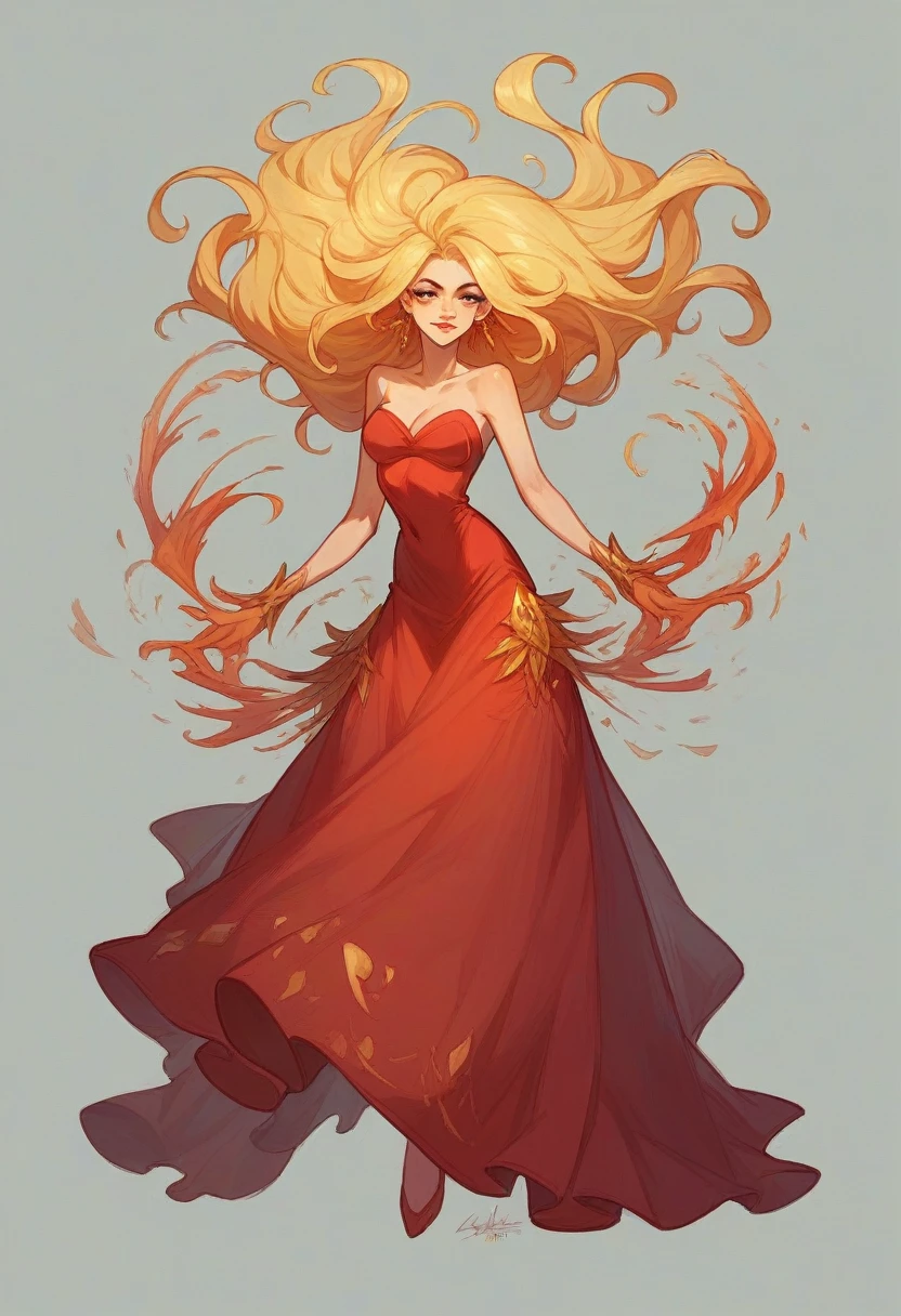 A stunning hyperrealistic painting of a woman by Lena Krashevka, featuring a femme fatale with long, golden blonde hair. The woman is wearing a vibrant red dress by Studiomente, which accentuates her curves and adds an air of sophistication. Her pose is confident and alluring, with her hand gently touching her knee. The background showcases a blend of abstract and realist elements, creating a captivating and visually appealing atmosphere.